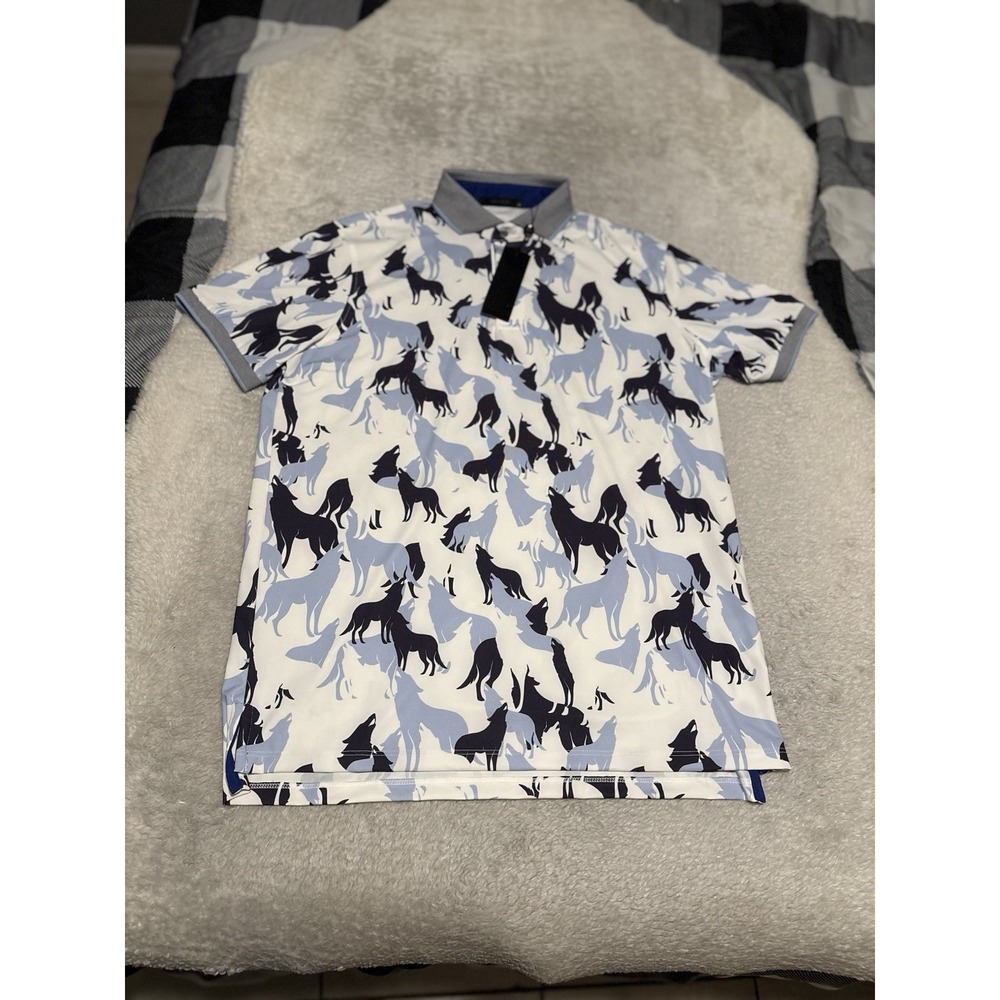 Greyson Polo Shirt Mens Medium Red Wolf All Over Print Short Sleeve Stretch Golf